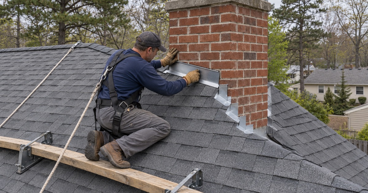 A roofer setting counter flashing into the mortar joint of a brick chimney on a Toms River ranch.