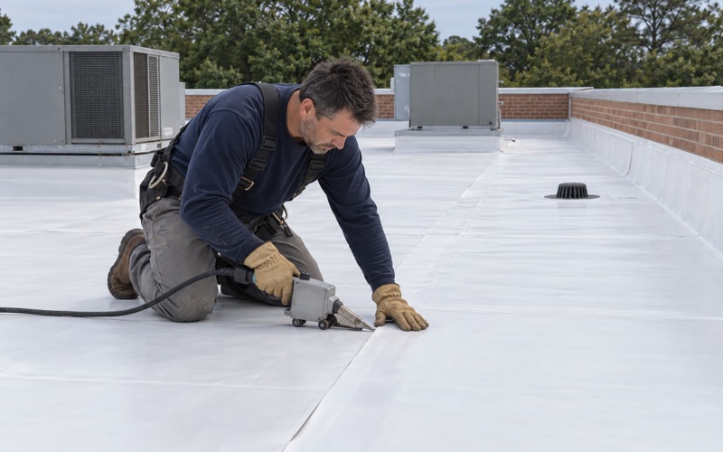 A roofer welding a white membrane seam on the flat roof of a one-story commercial building in Toms River.