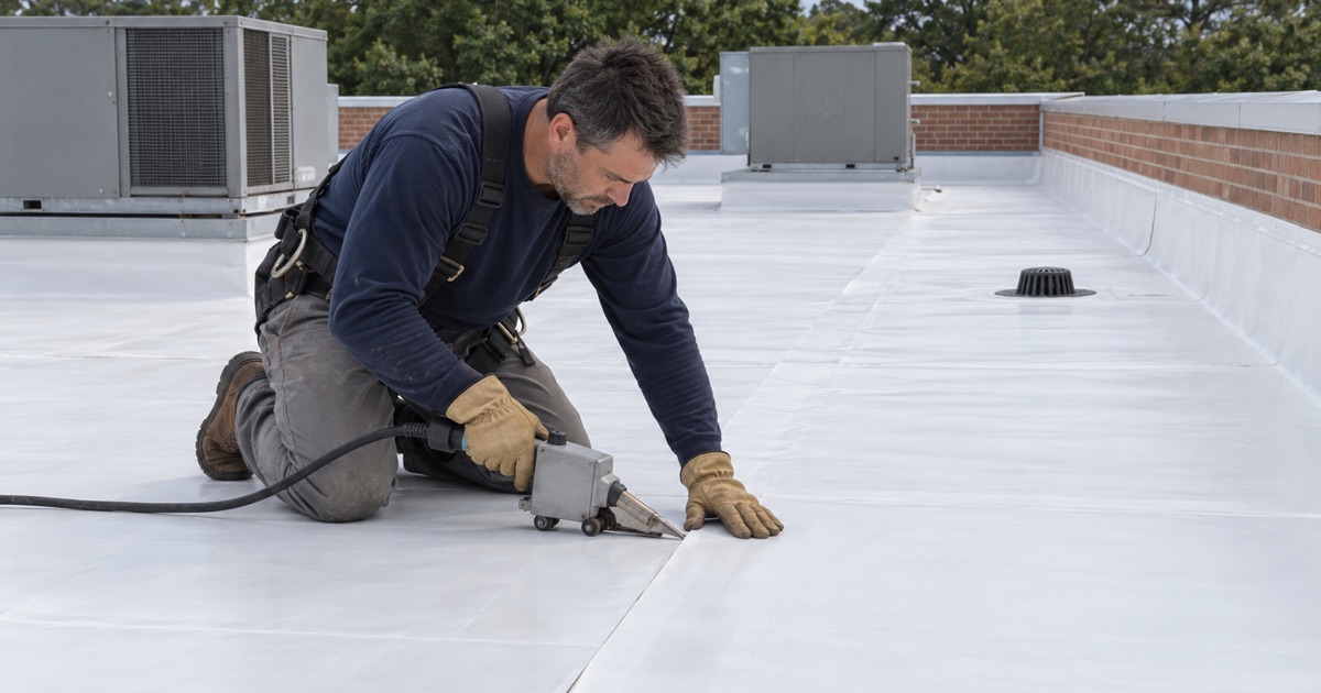 A roofer welding a white membrane seam on the flat roof of a one-story commercial building in Toms River.