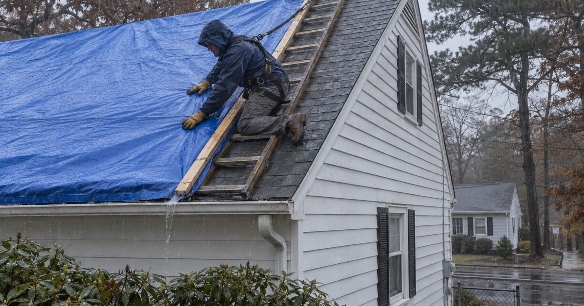 A blue tarp being battened over a damaged roof on a Toms River cape in steady rain.