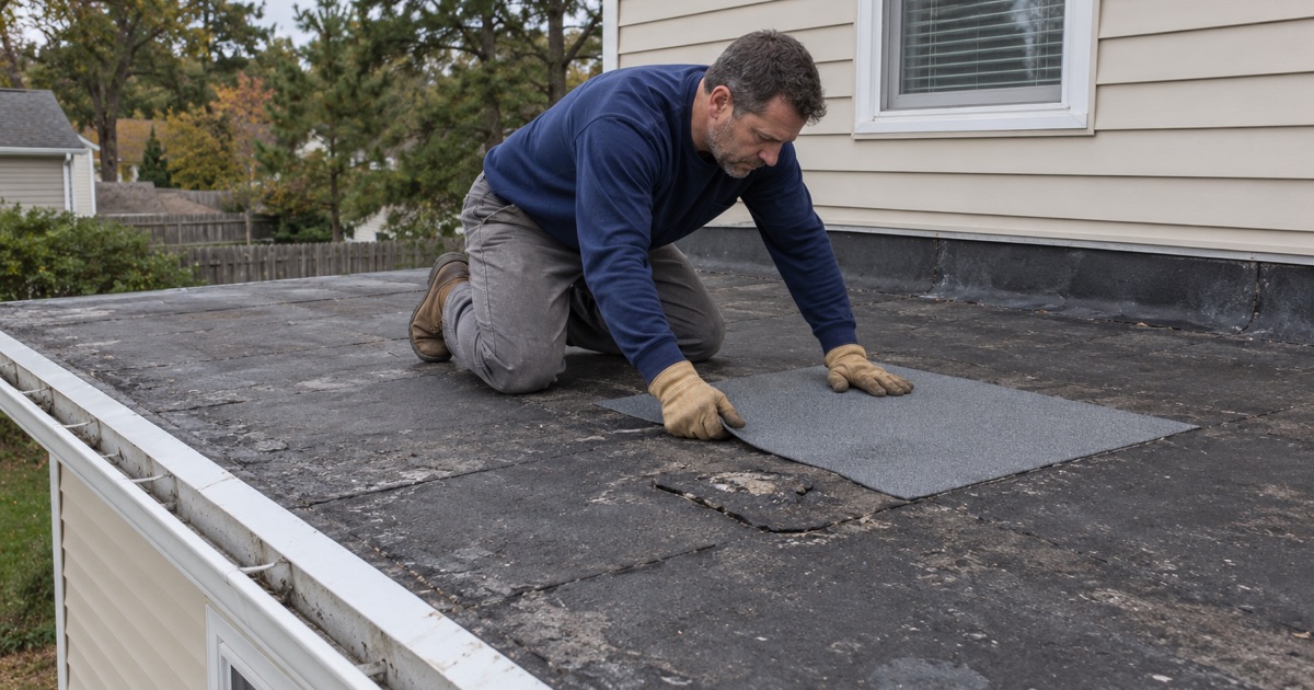 A self-adhered membrane patch being pressed onto a flat rear-extension roof of a Toms River house.