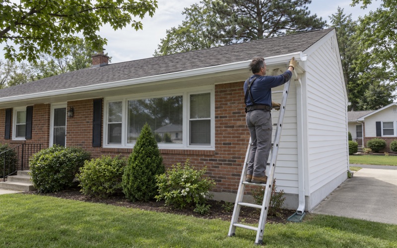 A seamless gutter being fitted to the fascia of a brick-front ranch in Toms River.