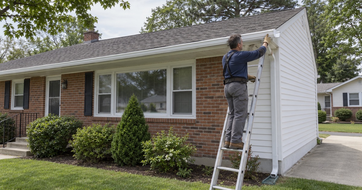 A seamless gutter being fitted to the fascia of a brick-front ranch in Toms River.