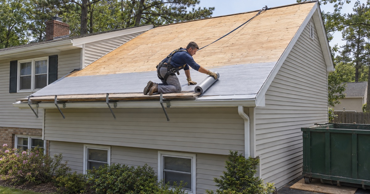 Synthetic underlayment being rolled across a bare plywood deck after the old roof was torn off a Toms River split-level.