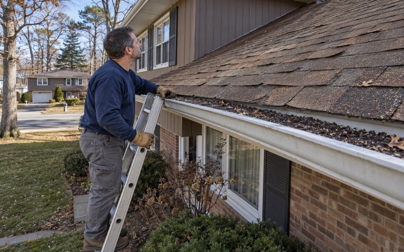 A roofer on a ladder checking an aging roof at the gutter of a Toms River split-level, loose granules in the trough.