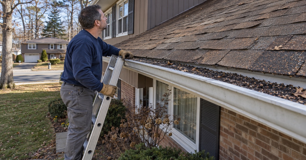 A roofer on a ladder checking an aging roof at the gutter of a Toms River split-level, loose granules in the trough.