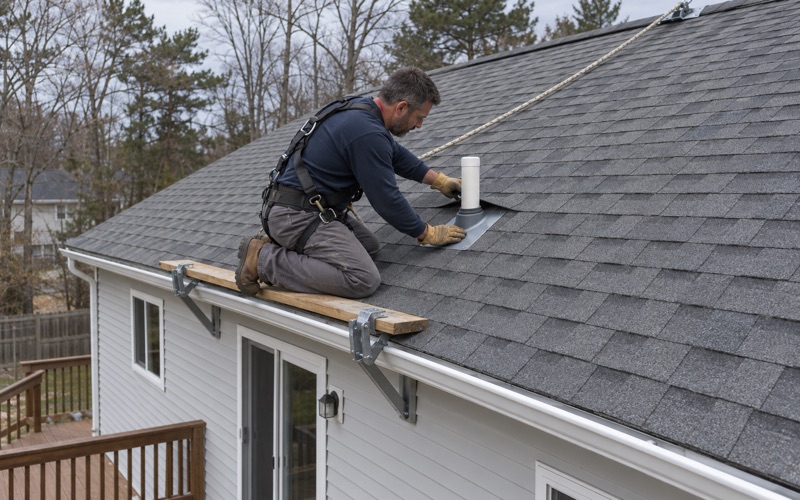 A roofer fitting a new pipe boot around a plumbing vent on the roof of a Toms River bi-level.