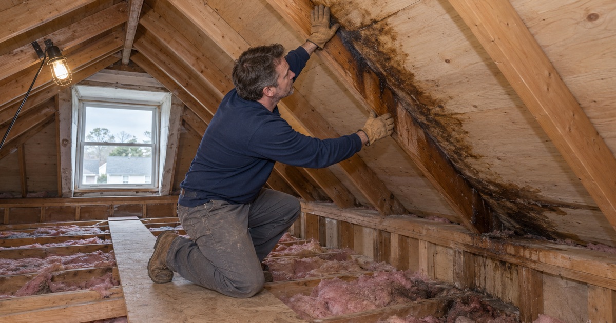 A roofer in the half-story attic of a Toms River cape tracing a leak stain beside a dormer.