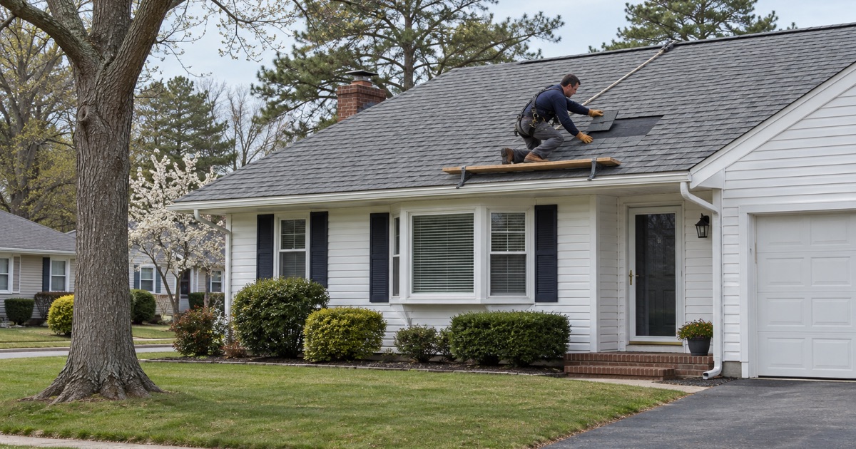 A roofer sliding a replacement shingle into a gap on the front slope of a Toms River ranch.