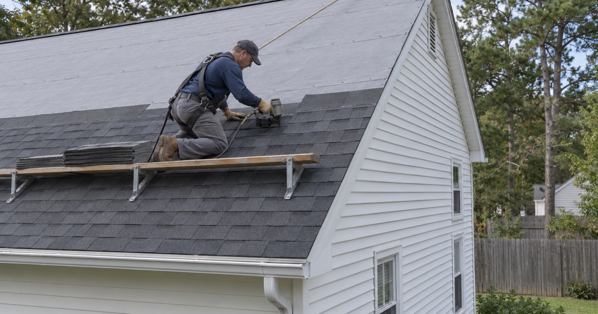 New architectural shingles being nailed over fresh underlayment during a full roof replacement on a Toms River colonial.