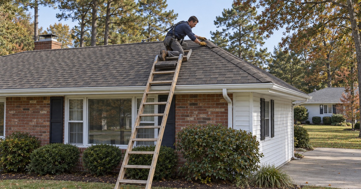 A roofer capping the ridge of a newly shingled hip-roof ranch on a pine-shaded street in Toms River Township.