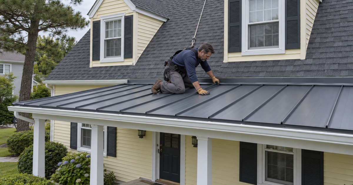 A roofer kneeling on a standing-seam metal porch roof where it meets the shingled main roof of a Toms River cape.