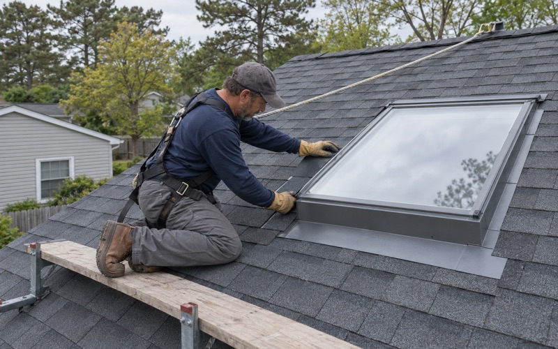 A roofer fitting step flashing up the side of a new skylight on a Toms River ranch.