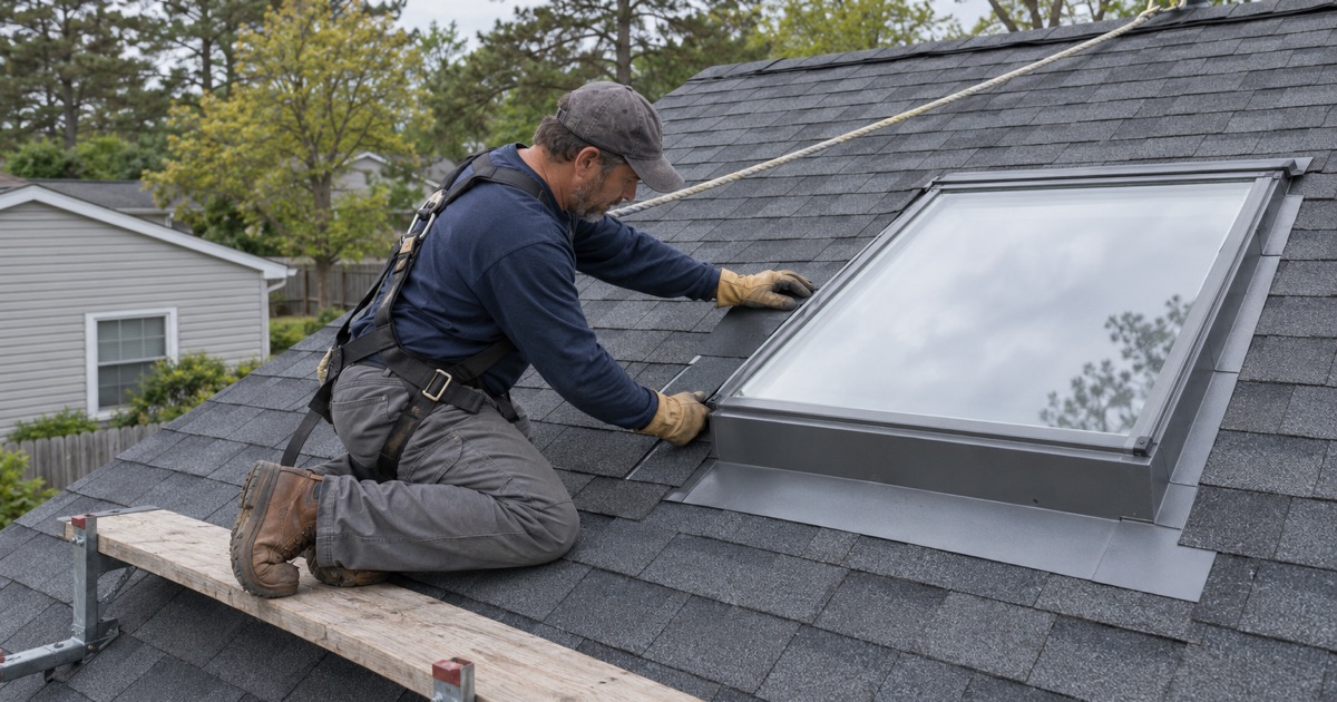 A roofer fitting step flashing up the side of a new skylight on a Toms River ranch.