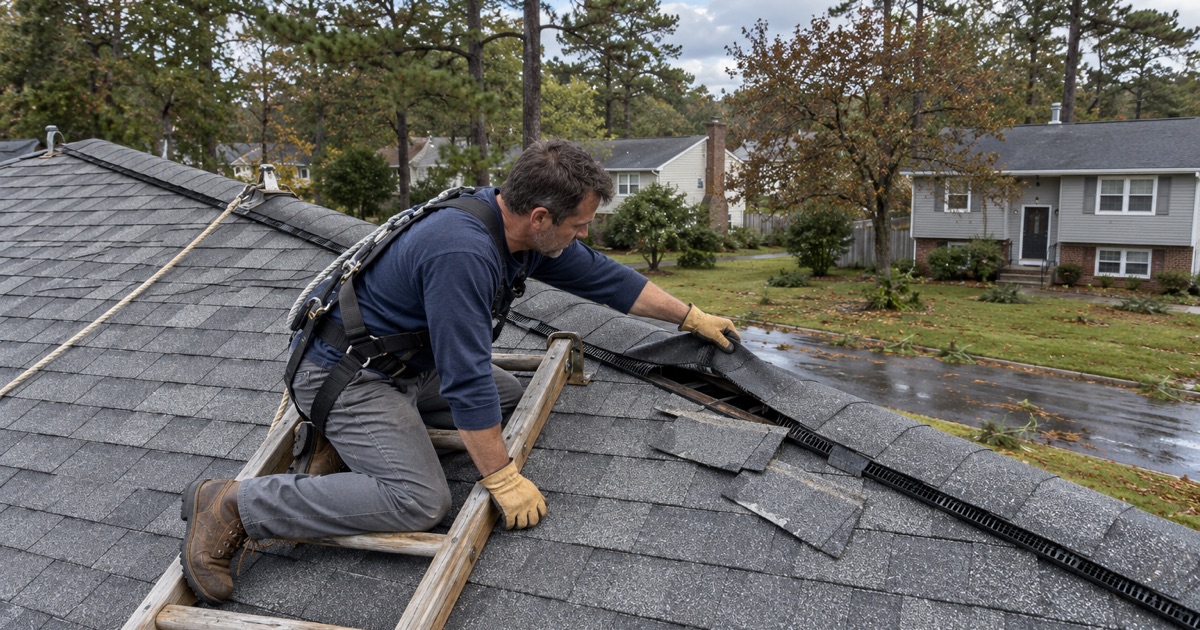 A roofer re-seating a wind-lifted ridge vent on a Toms River bi-level the morning after a nor’easter.
